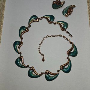 Vintage Mattisse Copper Enamel Necklace and Earrings Set